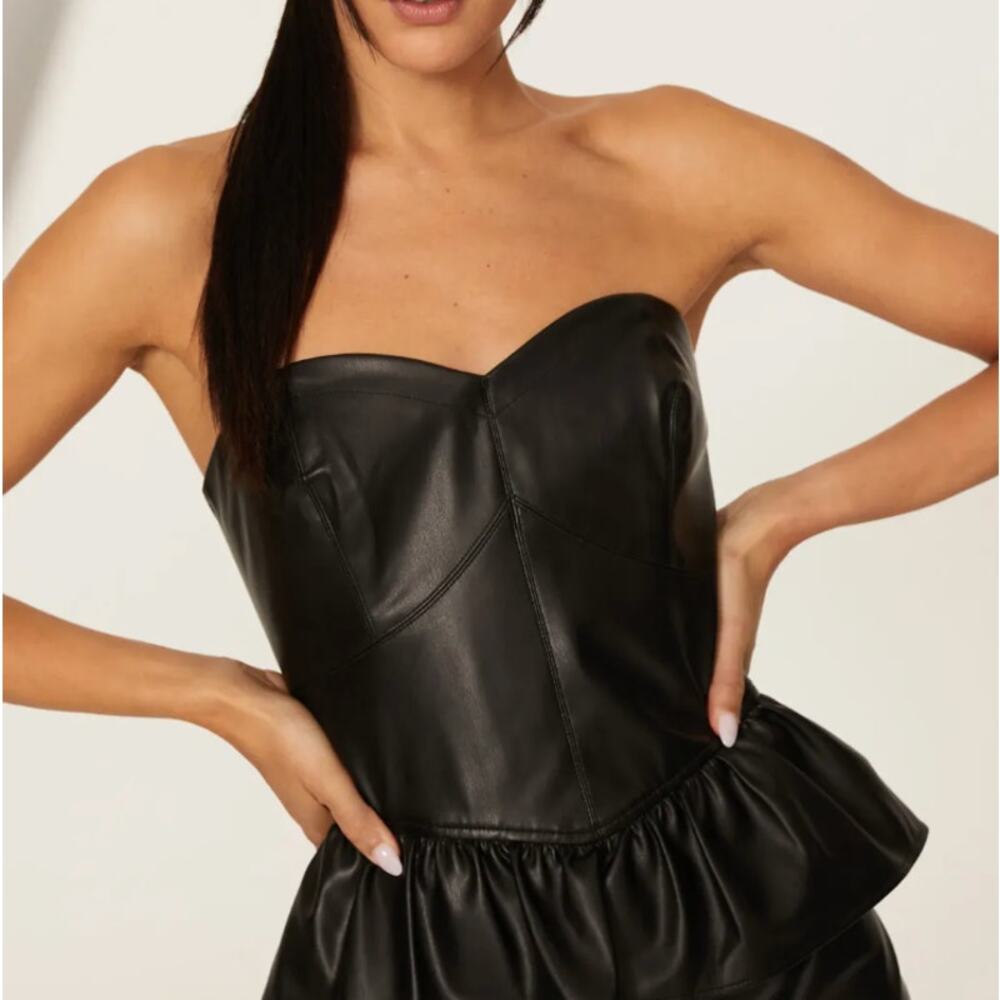 Shoshanna Black Faux Leather Mini Dress SMALL Cocktail Party Designer $365 - Picture 4 of 11